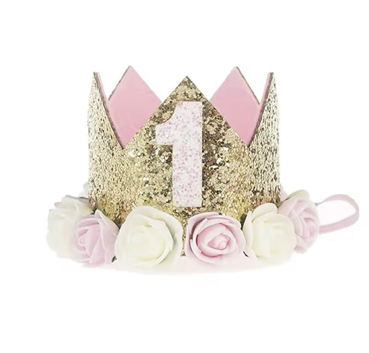 1st Birthday Crown- Gold Floral