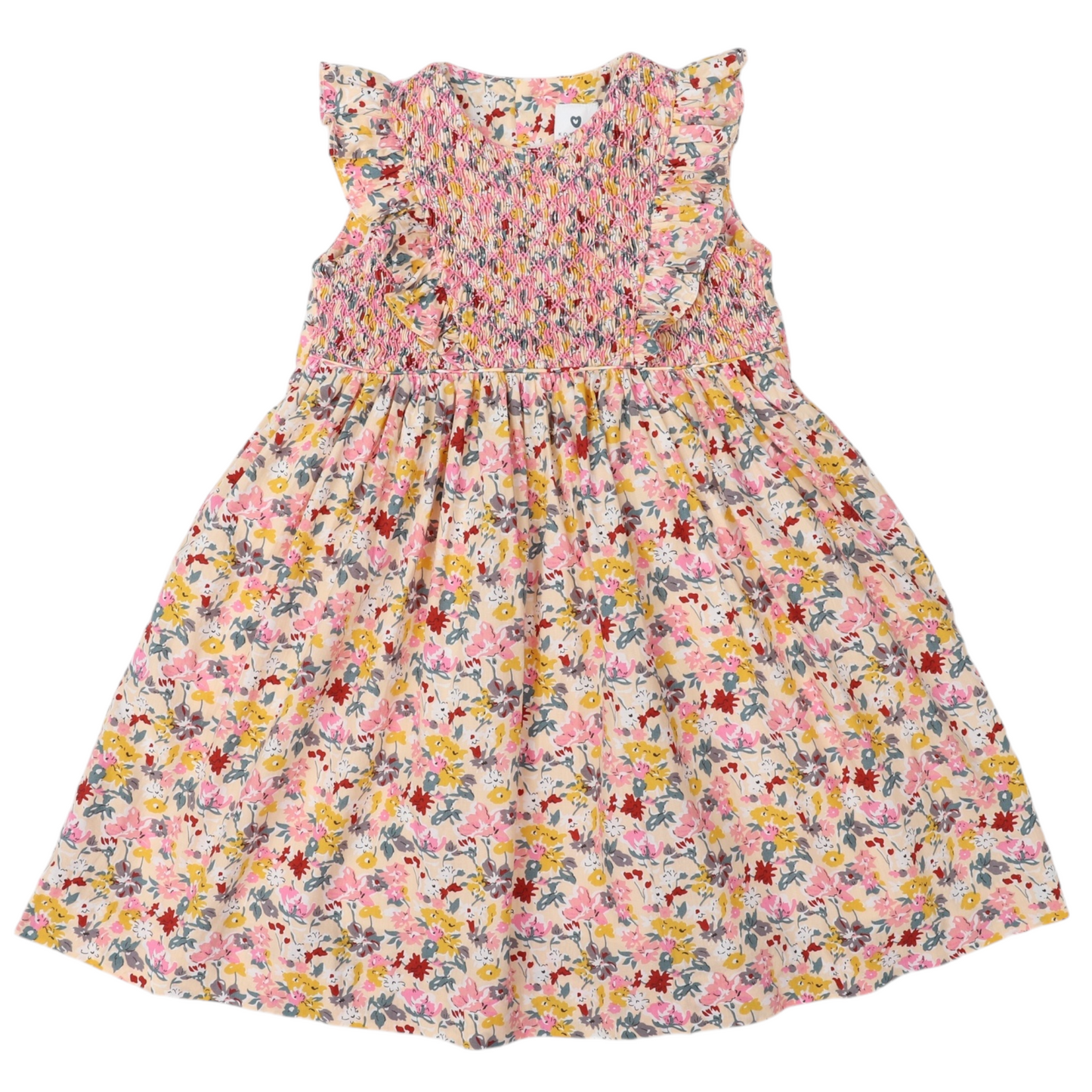 Hand Smocked Floral Dress with Frill - Beige