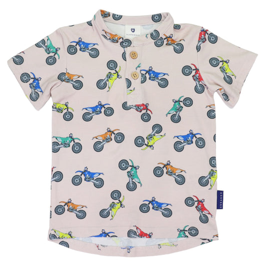 Motor Bike Print Henley Tee Tapioca